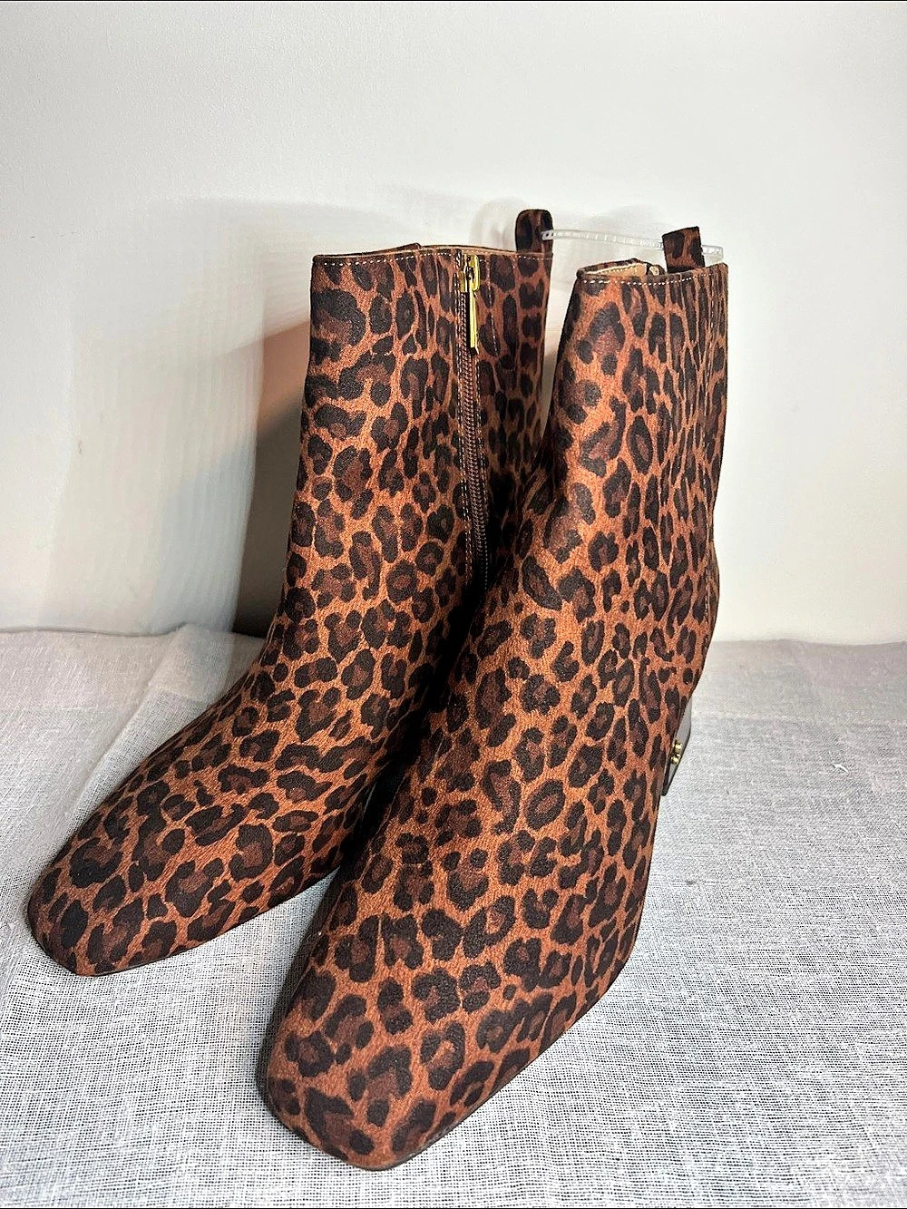 Sam and Libby Ankle Boot Leopard Print Brown Zip Heels Size 8.5